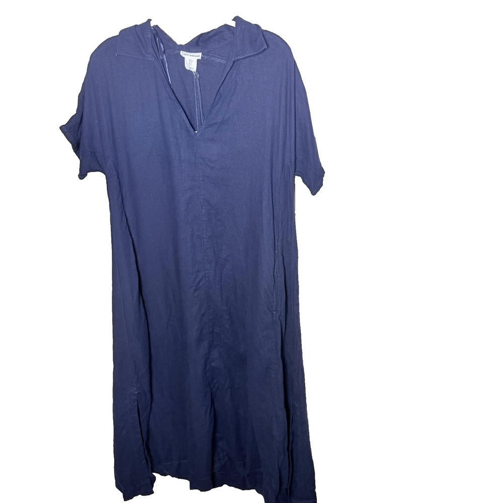Lucky Brand Dress Navy Sz S Linen Blend Career V Neck Peasant Boho Pockets New